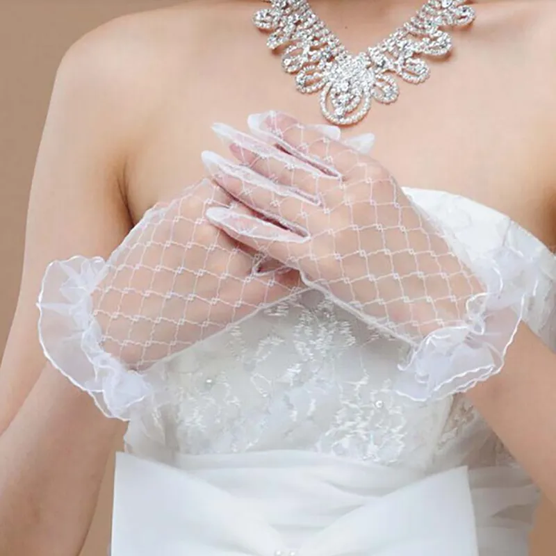 Autumn Summer Women Short Tulle Gloves Black White Ivory Stretchy Bridal Wedding Accessories Party Lace Gloves