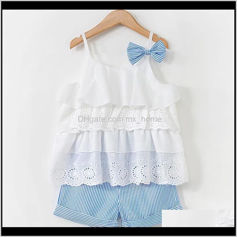 summer solid color girls hollow camisole top + striped shorts children`s clothing 2-piece set