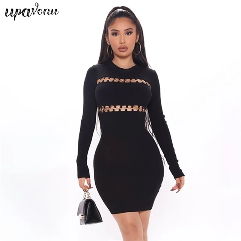 Product Title: Free Women's Sexy Bandage Dress O-neck Long Sleeve Hollow Chain Bodycon Club Party Mini Vestidos 210524Product Description: The Free