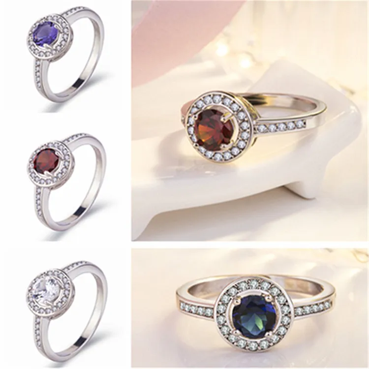 Mode Girl's Red Ruby CZ Zirkoon Stenen Zilveren Ring Blauw Wit Daimond Lady Dames Trouwringen Populaire Sieraden voor engagement