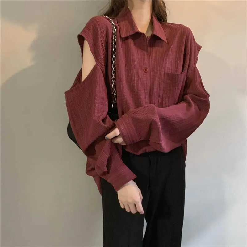Lente Lange Mouwen Gat Design Casual Dame Blouse Koreaanse stijl Turn-down Collar Oversized Dames Shirt Chemise 210531