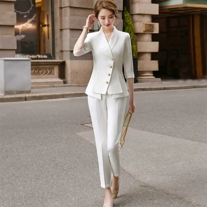 High Quality Casual Women's Suit Pants Two Piece Set summer elegant ladies white blazer jacket business attire 211118