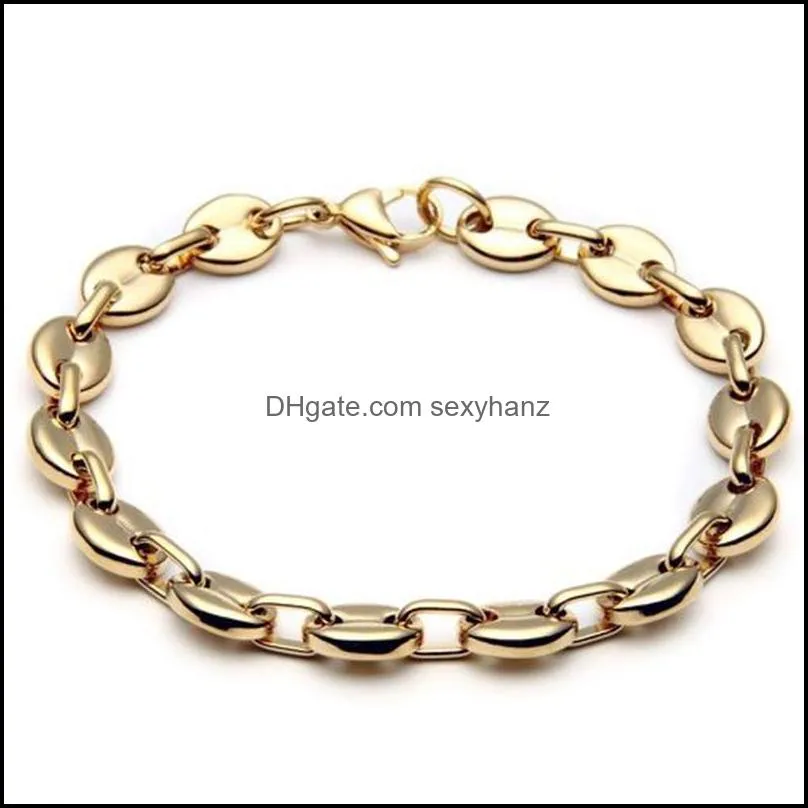 Earrings & Necklace 2021 Wide Brand Gold Tone Stainless Steel Jewelry Coffee Bean Link Chain Bracelet Set