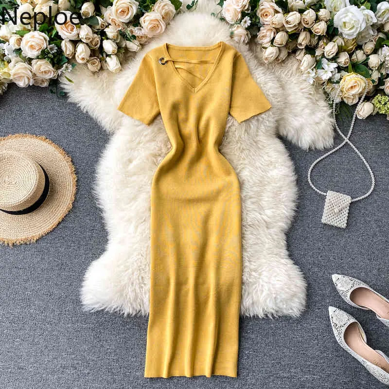 Neploe Hollow Out Knitted Dress Women Fashion V Neck Short Sleeve Ladies Vestidos Elegant Slim Stretch Waist Bodycon Dresses 210423