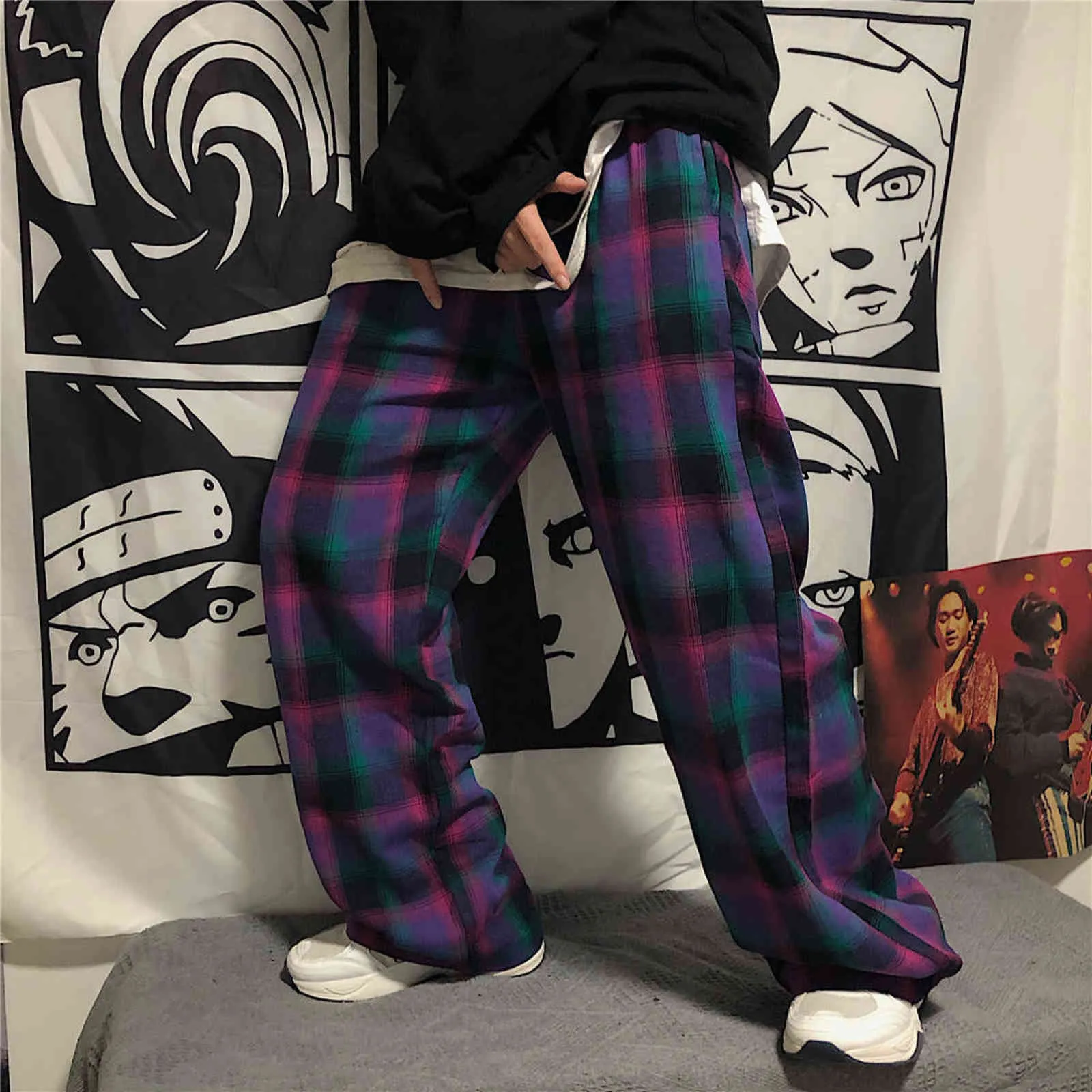 HOUZHOU Harajuku Plaid Pants Women Street Style Korean Wide Leg Purple Oversize Checked Trousers For Female Aesthetic 211124