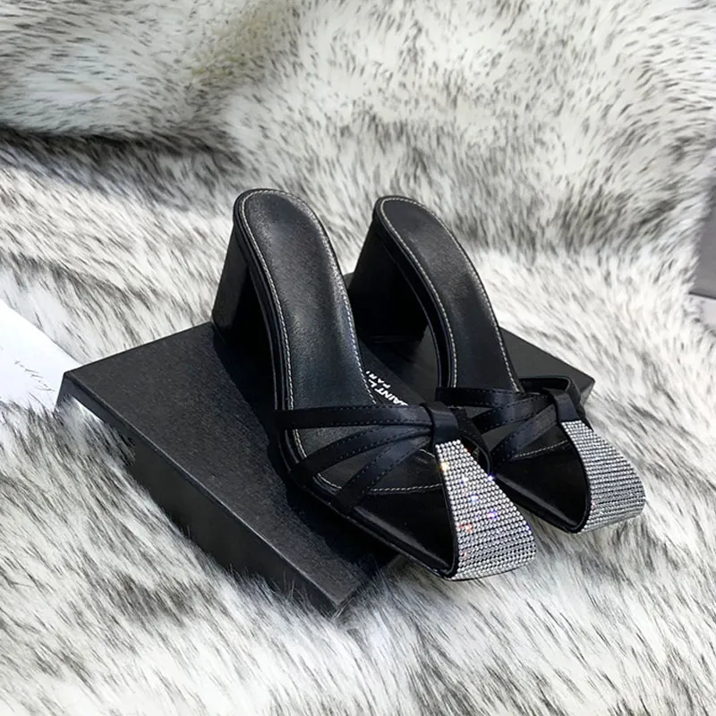 Women`s sandals latest summer authentic leather high heels striped ladies casual wear thick heel outdoor shopping letter slippers box rhinestone wedding shoes