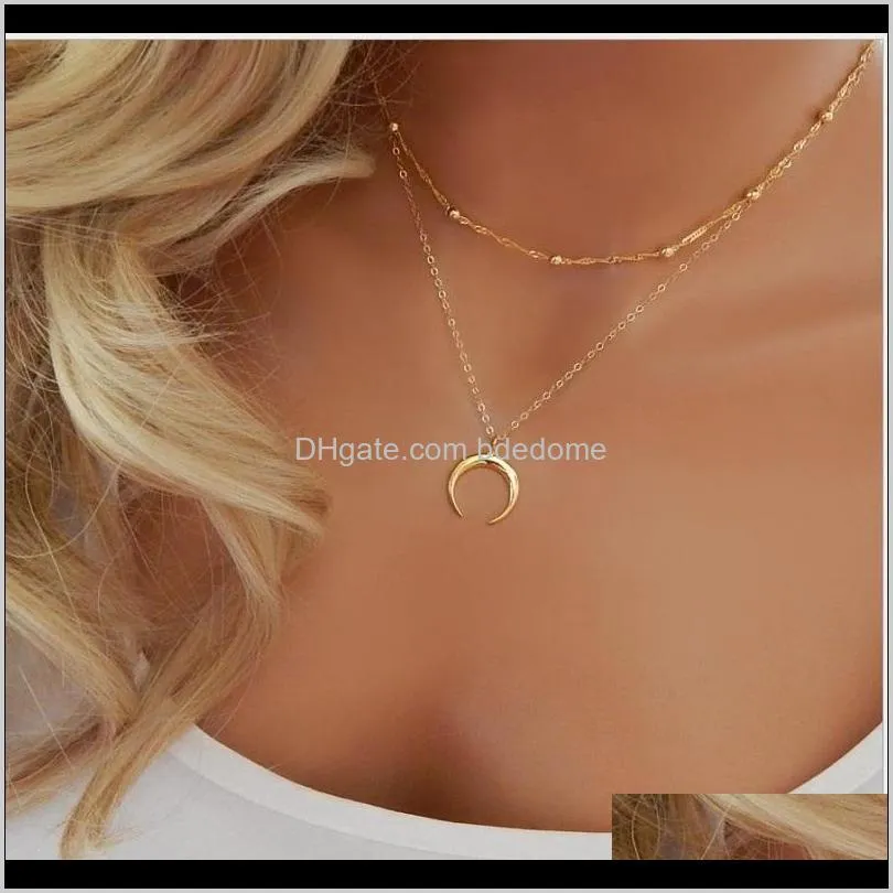 two layers necklace metal bead charm chain choker moon ox horn pendant silver gold color plated for women girls sexy gift