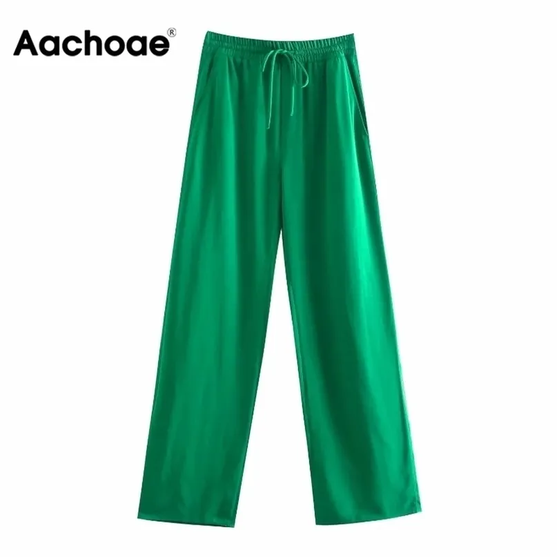 aachoae女性ワイドレッグパンツグリーンカジュアルロングズボンファッションビンテージハイストリートレディパンタロン211115