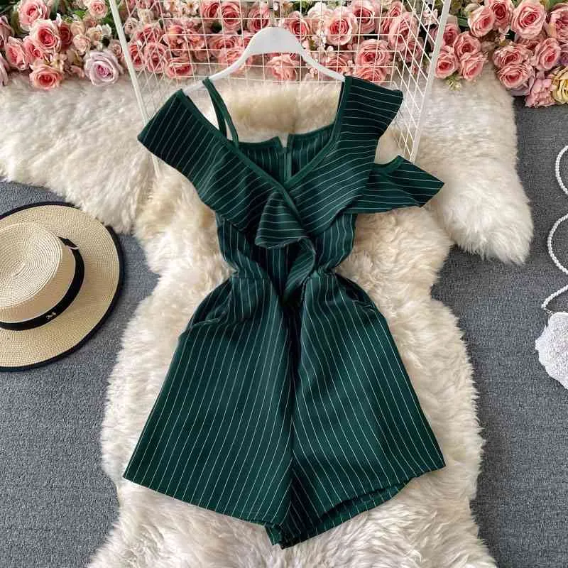 Casual Vintage V-Neck Stripes Ruffled Sling Off-Shoulder Jumpsuit Kvinnor Sommar Slim High Waist Shorts Romper 210420