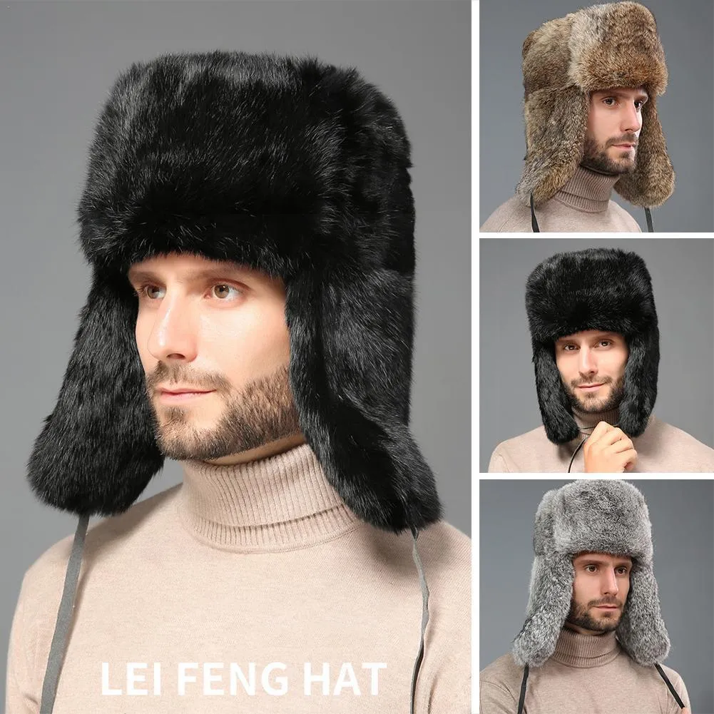 Chapeau d'hiver en fourrure pour hommes, casquette coupe-vent chaude, casquette Lei Feng, bombardier noir, Faux chapeaux à rabat, chapeaux de Trooper, trappeur, fourrure d'oreille Anti-Ski