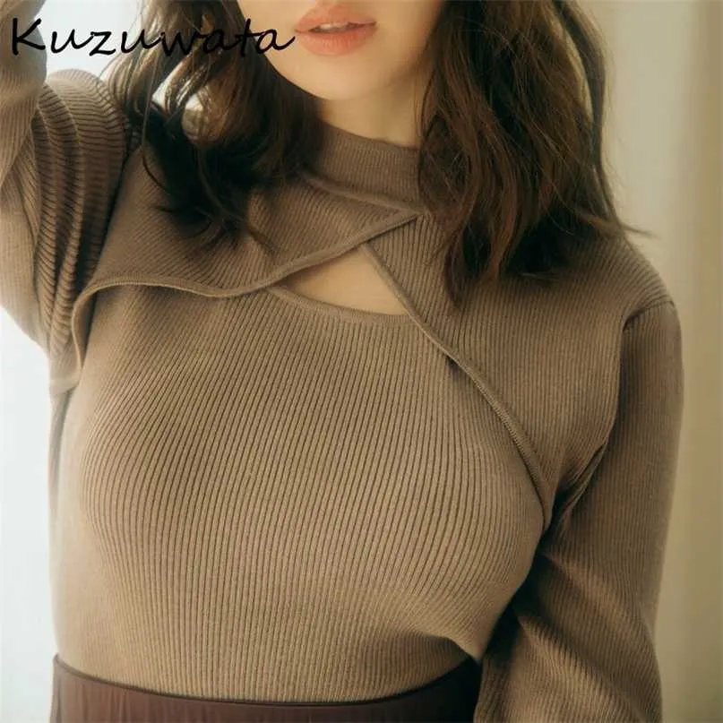 Kuzuwata Autumn Fashion Women Jumpers Sexy Hollow Neck Cross Long Sleeved Knitted Sweater Solid Japanese Pullover 211011