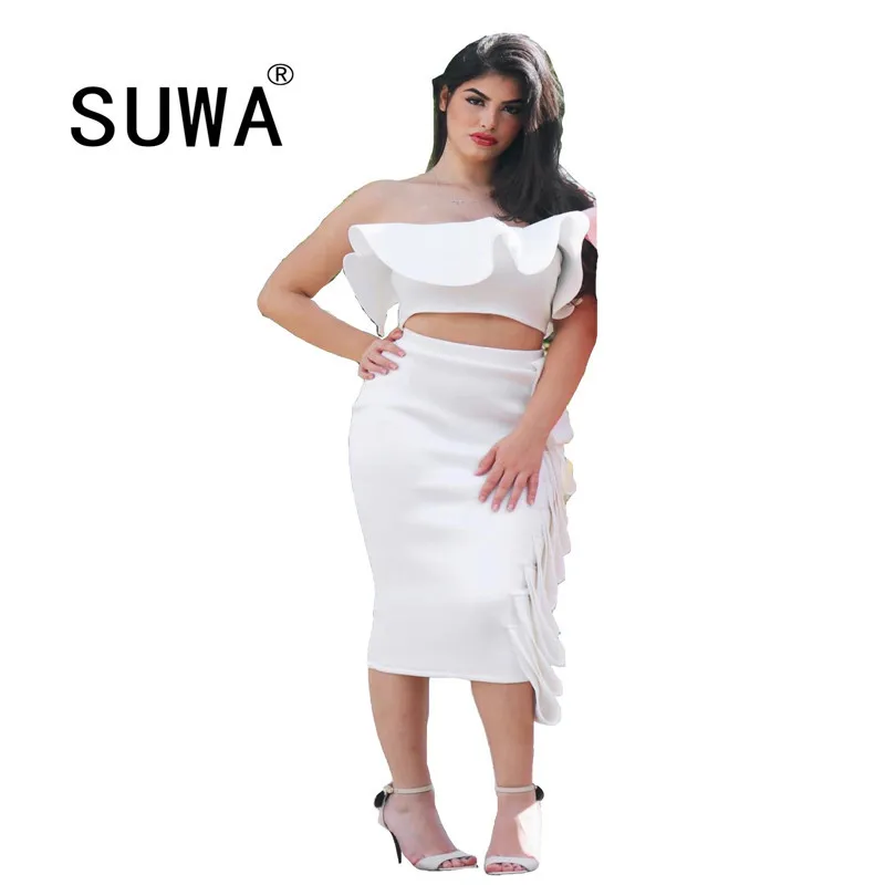 Product White 2 Pieces Outfits Women Matching Sets Skirt Party And Wedding Ruffles Crop Top Midi Dress 210525