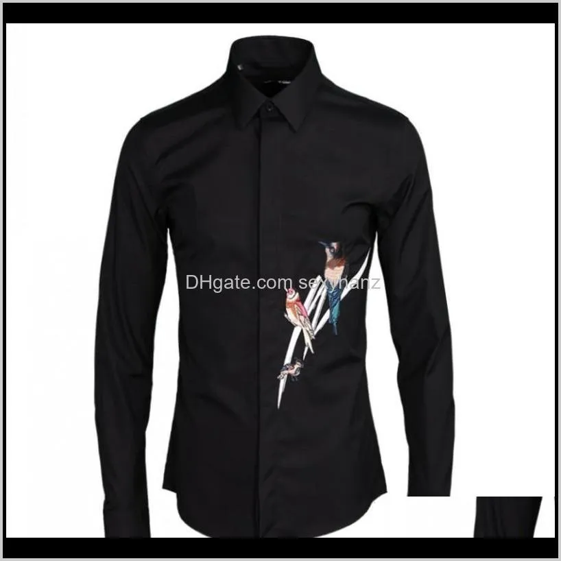 new mens birds embroidery office work formal shirt white black plus size wedding dress shirts man spring cotton long sleeve top