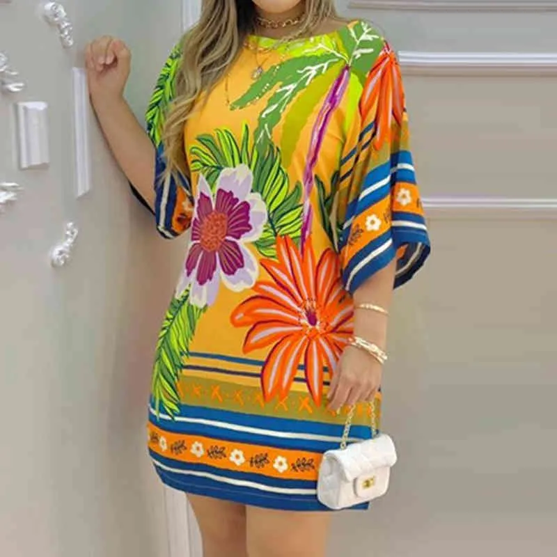 Woman's T-Shirt Dress Casual O-Neck Floral Print Mini Dress Streetwear Female 210521