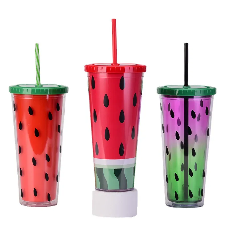 24 OZ Watermelon Tumbler Plastic Double Wall Summer Party Juice Beverage Cup with Straws Outdoor Sport Camping Water Bottles