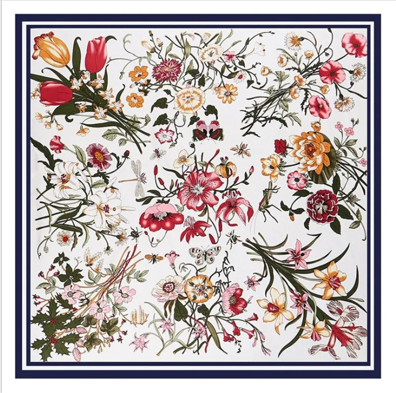 Sciarpa di seta moda donna di lusso di alta qualità Stampa di fiori e uccelli della giungla 130 * 130 cm twill imitazione grande quadrato