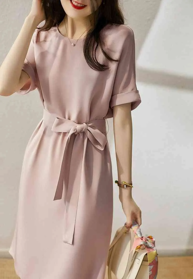 Summer Dress Elegant High Quality Fashion Concise Dreeses O-neck Pink Loose Waist Office Lace Up Soft Thin Female 210514
