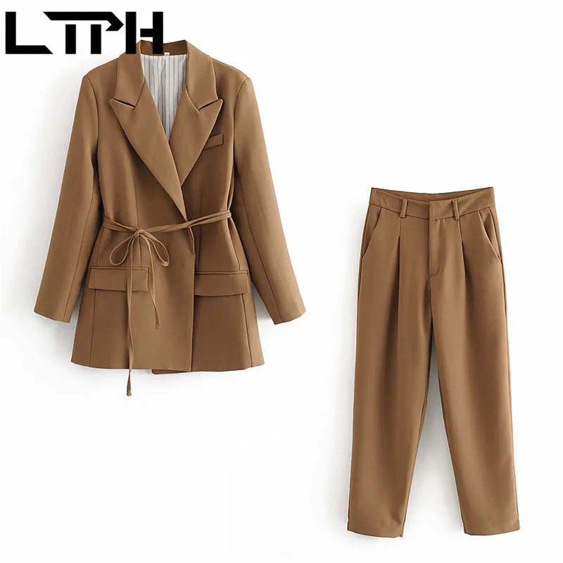 vintage simple Suits women 2 piece set Solid Casual Loose office style blazer suit high waist Pant Spring Autumn 210427