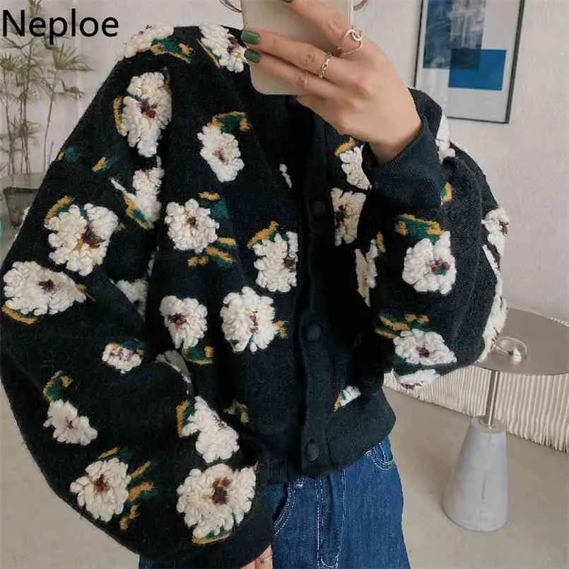 Neploe Floral Jackets Vintage Crop Puff Sleeve Jacket Women Autumn Winter Clothes Korean Fashion Coats Female Tops Outwear 210914