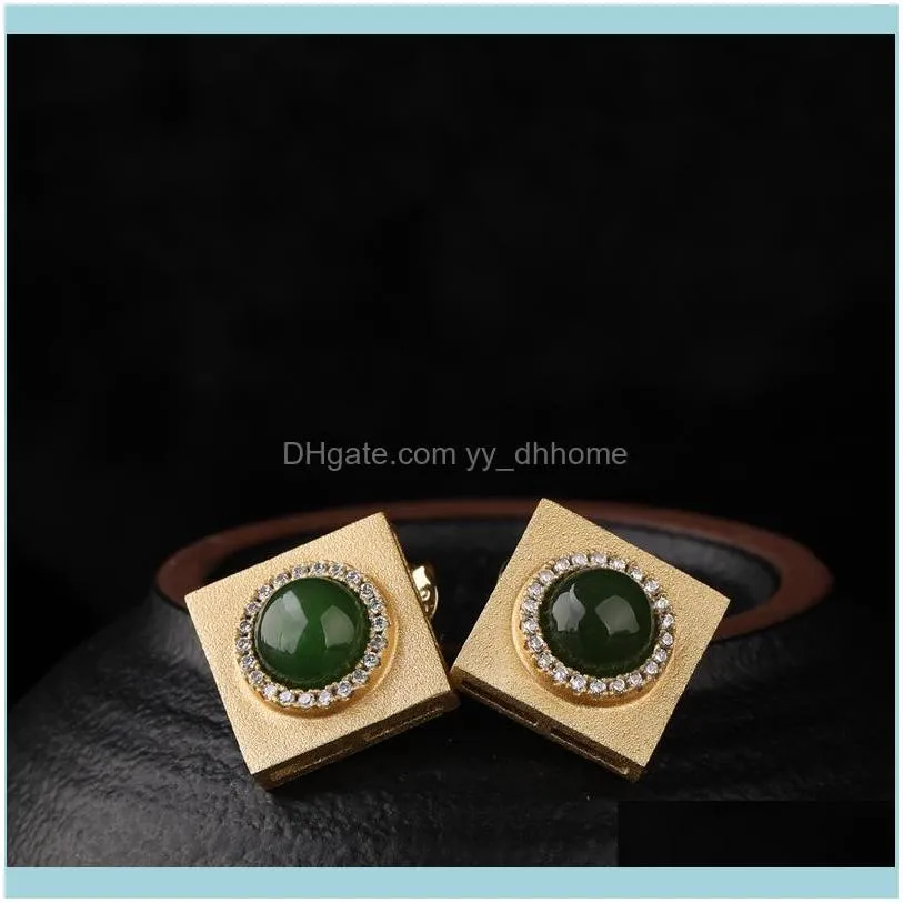 Other Manufacturer With Certificate 925 Pure Silver Gold-plated Inlay Geometry And Tian Baiyu Jasper Earrings