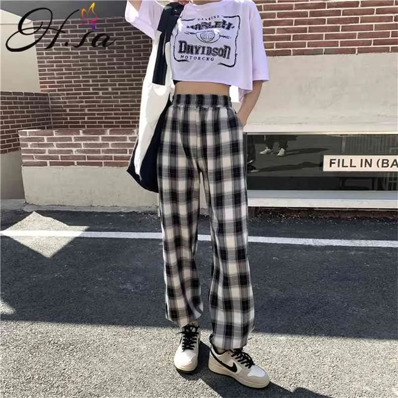 Pantalon 부어 Femme High 허리 체크 무늬 하렘 바지 봄 여름 부드러운 긴 한국어 하라주쿠 바지 Ropa Mujer 210430