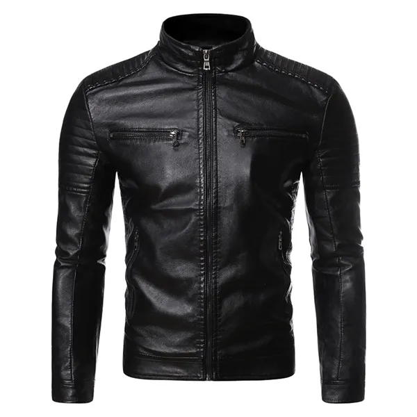 2021 Höst och vinter Ny högkvalitativ mode trend dragkedja Ficka Motorcykel Stand Collar Slim Ruched Men's Leather Jacket x0621