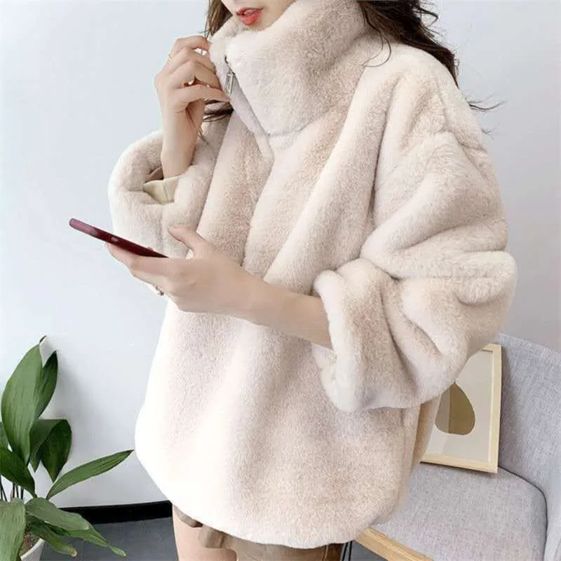 Turtleneck Furry Sweatshirt Kvinnor Vinter Casual Plush Faux Fur Coat Vintage Tjock Koreansk Zipper Håll Varma Hoodies Toppar 210928