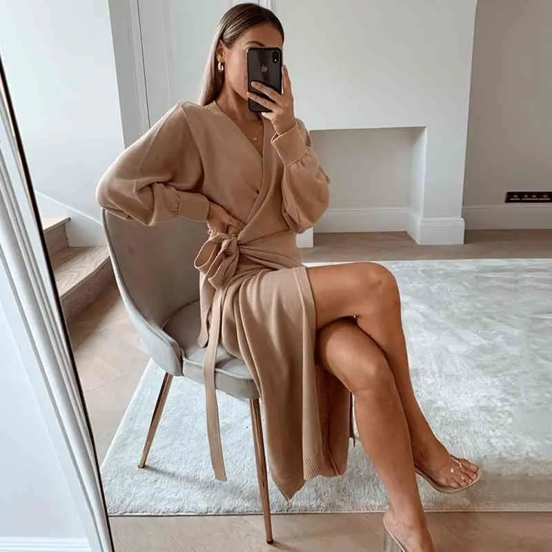 Örme Wrap Kazak Kadın Rahat Uzun Maxi Robe Sonbahar Kış Ofis Bayan Zarif Kanat Elbise 210415