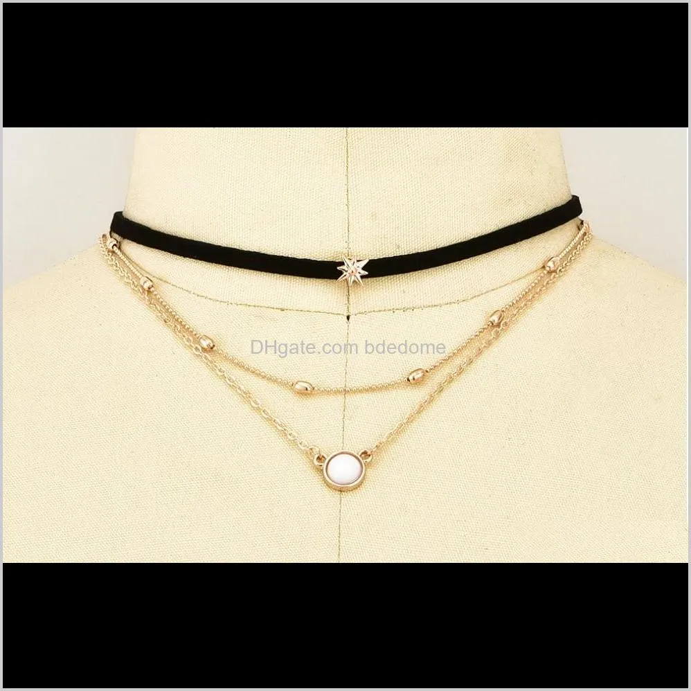 fashion three layer necklace pu belt with star accessory bead metal chain sun pendant gold plated