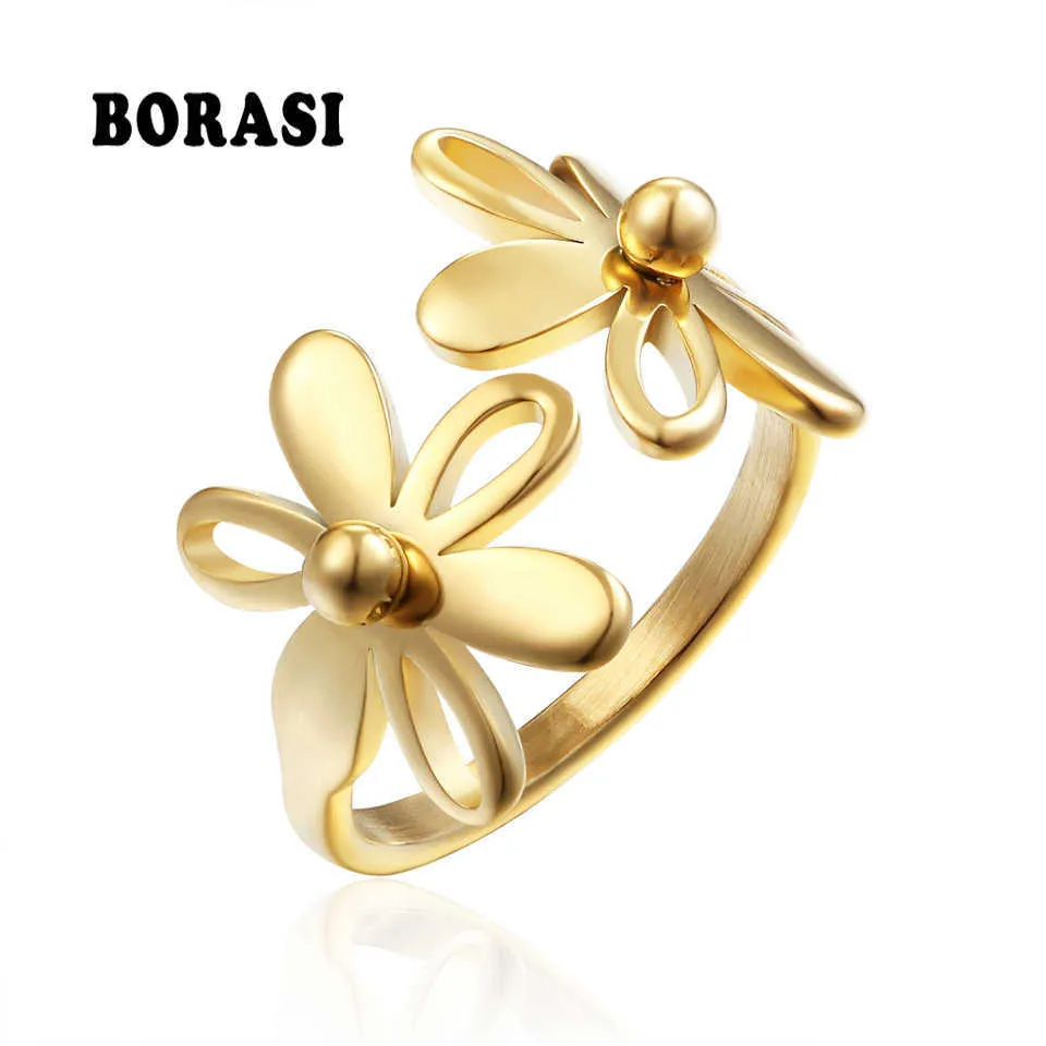 BORASI Top Quality Trendy Stainless Steel Double Flower Ring Wedding Female New Party Girl A Good Gift Rings For Women X0715