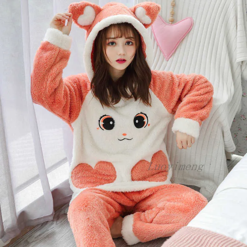 Pyjamas Women Rabbit Adult Animal Pajamas Set Winter Thick Warm Flannel  Pijamas Mujer Sleepwear Anime Customes Home Night Wear 210901