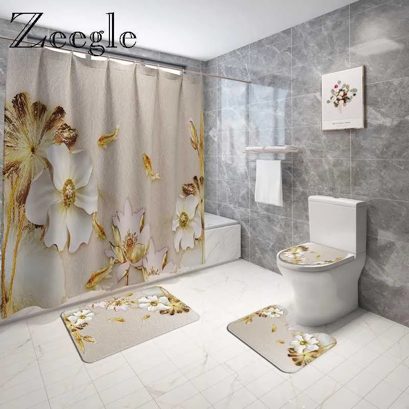 Traditionell stil blommig badmatta och dusch gardin set flannel toalett sits kudde badrum matta set absorberande dusch fotmatta 210622