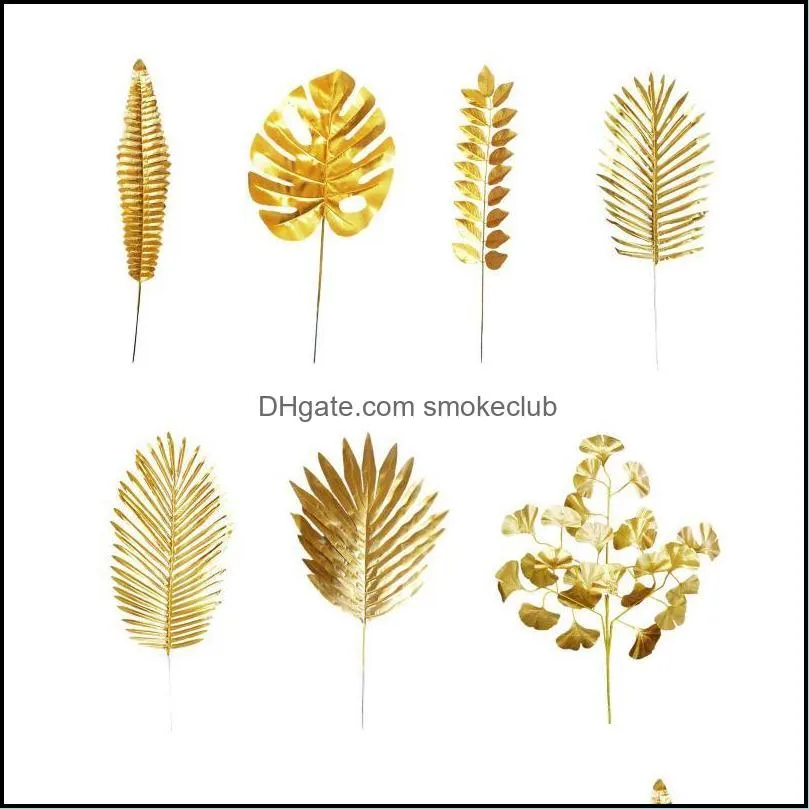 Decorative Flowers & Wreaths 5pcs Gold Artificial Monstera Tropical Plam Tree Leaves Pography Background Fake Plants For Wedding Birthday