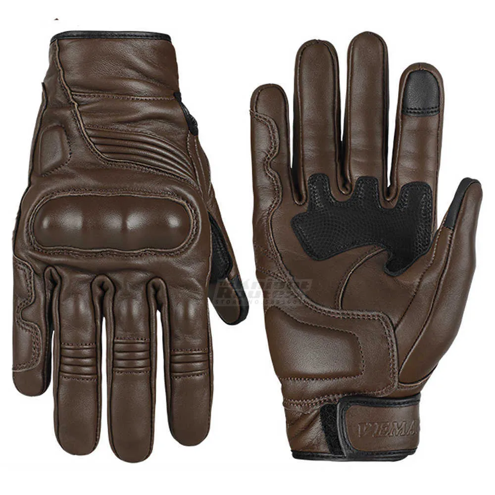 Brown Vintage Motorcycle Leather Gloves Touch Screen Motorbike Full Finger Gloves Guantes Biker Moto Motocross Racing Gloves Men H1022