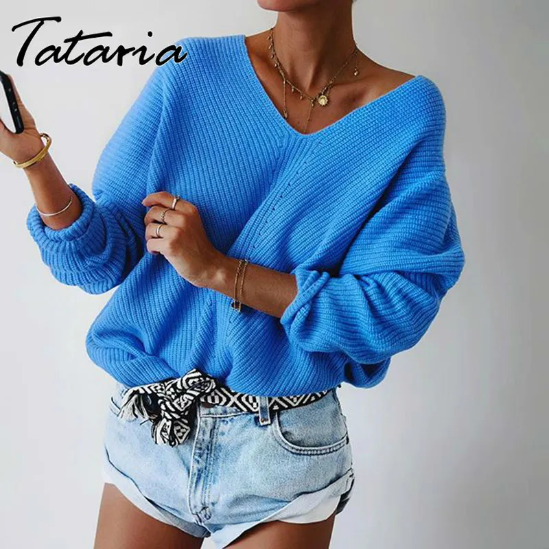 1 outono inverno azul de malha pulôveres mulheres batwing manga v-pescoço solto cashmere camisola feminino casual estilo coreano jumper 210514