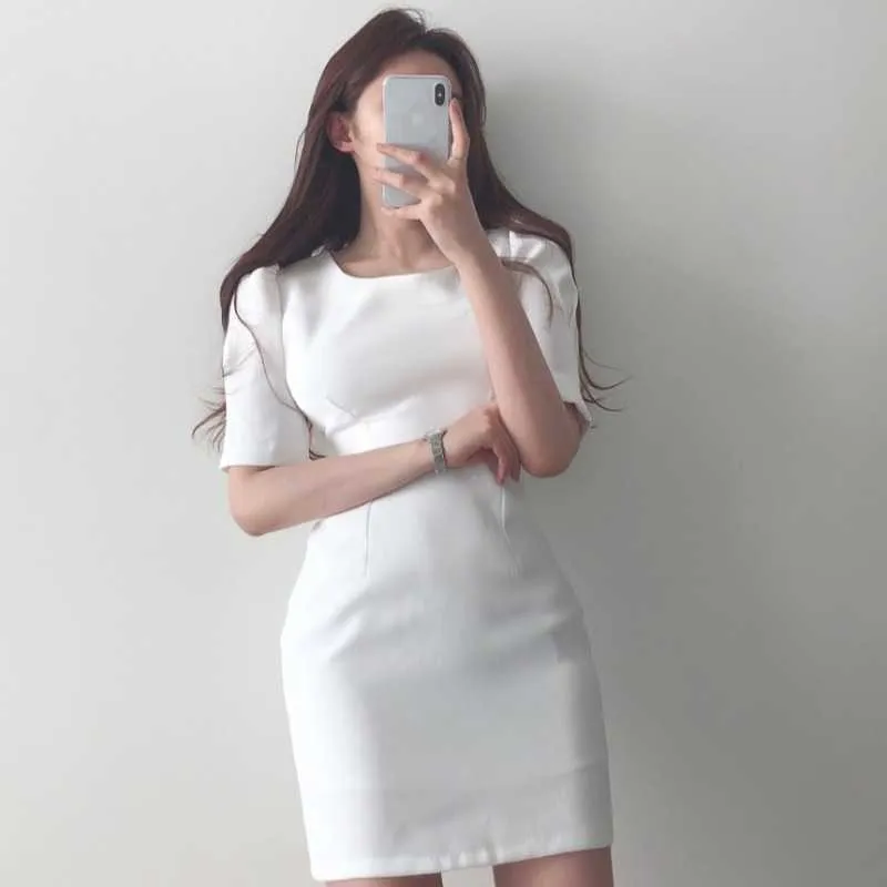 Minimalisme D'été Blanc O Cou À Manches Courtes Wrap Hanche Robe Femmes Mini Casual Mode Robe Feminino All-match Surdimensionné 210610