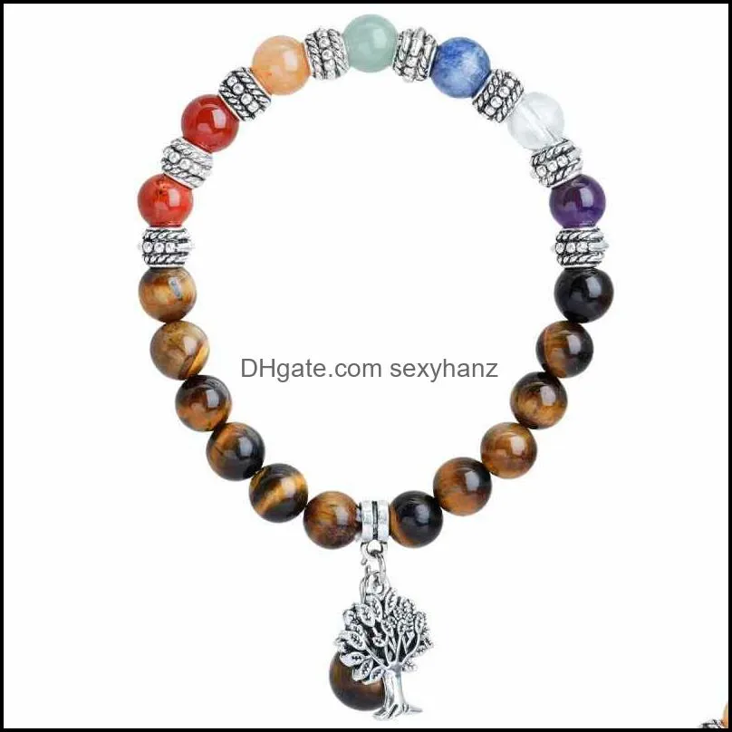 Semi Precious Stone Bracelet With Tree Of Life Charms,7 Chakra Beads Crystal Healing Reiki Balancing Yoga Jewelry 8mm 7