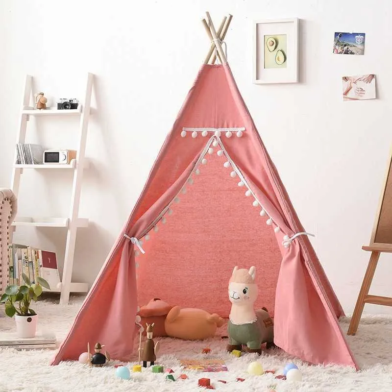Children's Fold Tent Teepee for Kids Portable Tipi Infantil House for Infant Cabana Tents Decoration Carpet Wood Play House Toy 210724
