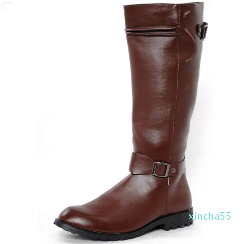 Sapatos de Couro PU de Cano Alto Homens Botas de Motocicleta Bico Redondo Man Fivela Preto Botas de Cowboy Marrom Lazer Joelheira Hombre Chaussure