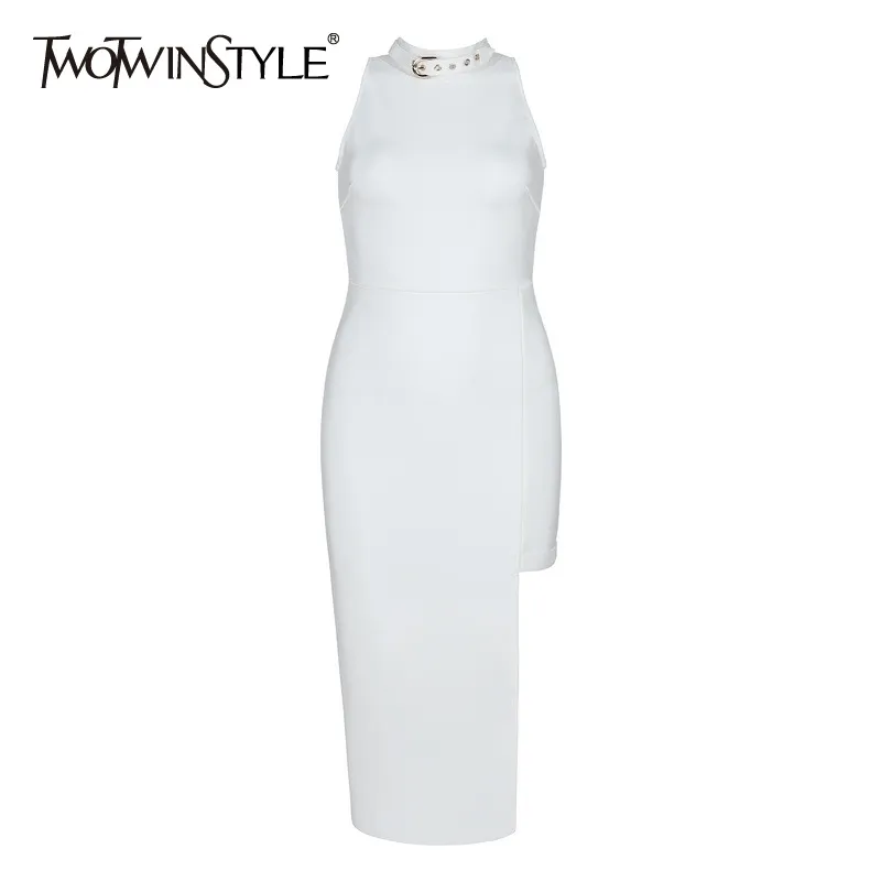 TWOTWINSTYLE Sexy Party Solid Dress For Women Turtleneck Sleeveless High Waist Zipper Irregular Hem Slim Dresses Female Summer 210517