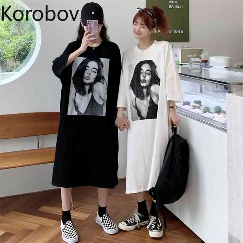 コロバフ韓国のシックTシャツのドレス新しいO首の特大女性のドレス原宿ulzzangプリントストリートウェアローブフェムメ210430