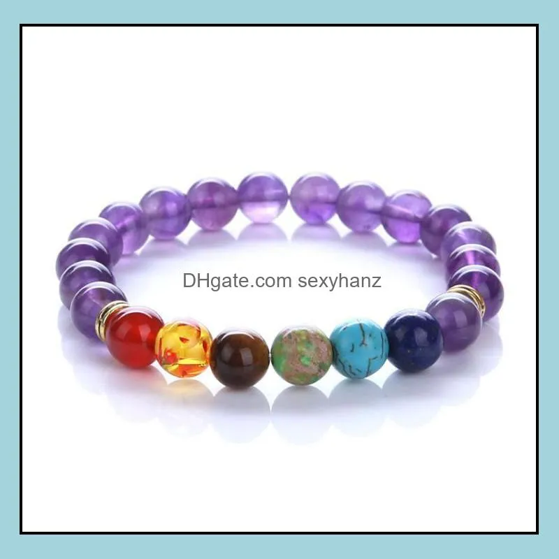 Seven Chakras Bracelets Volcanic Stone Hand Beads Energy Yoga Men`s White Pine Tiger Eye Bracelet Beaded, Strands