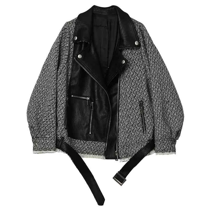女性の黒いフェイクレザージャケットコートコートの外出襟ハイストリートツイードチェック柄パッチワークC0352 210514