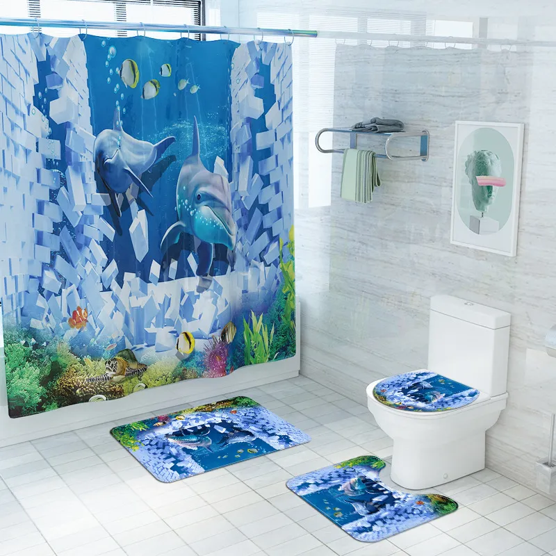Tappeto per tenda da doccia impermeabile con stampa di delfini Cartoon Set di tappetini per WC in 4 pezzi Prezzo di fabbrica design esperto Qualità Ultimo stile Stato originale