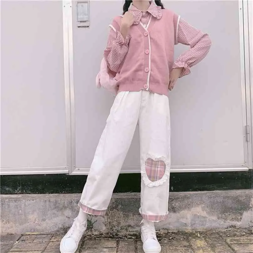 QWEEK Japanese Kawaii Pink Corduroy Pants Women Soft Girl Plaid Wide Leg White Trousers For Female Love Heart Patchwork Cute 210925