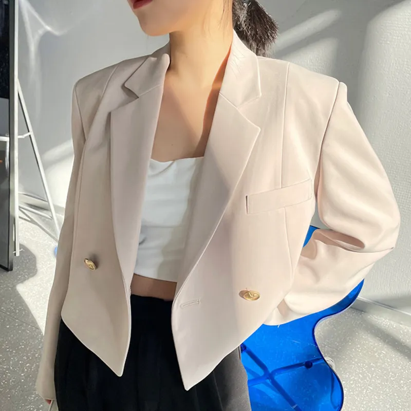 Korean Womens Beige Casual Short Suit With Metal Stud Buckle Retro Niche Loose Shoulder Jacket