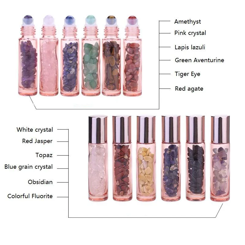 10ML Rose Gold Glass Bottle Natural Crystal Semiprecious Stones  Oil Gemstone Roller Ball Bottles 10 Style