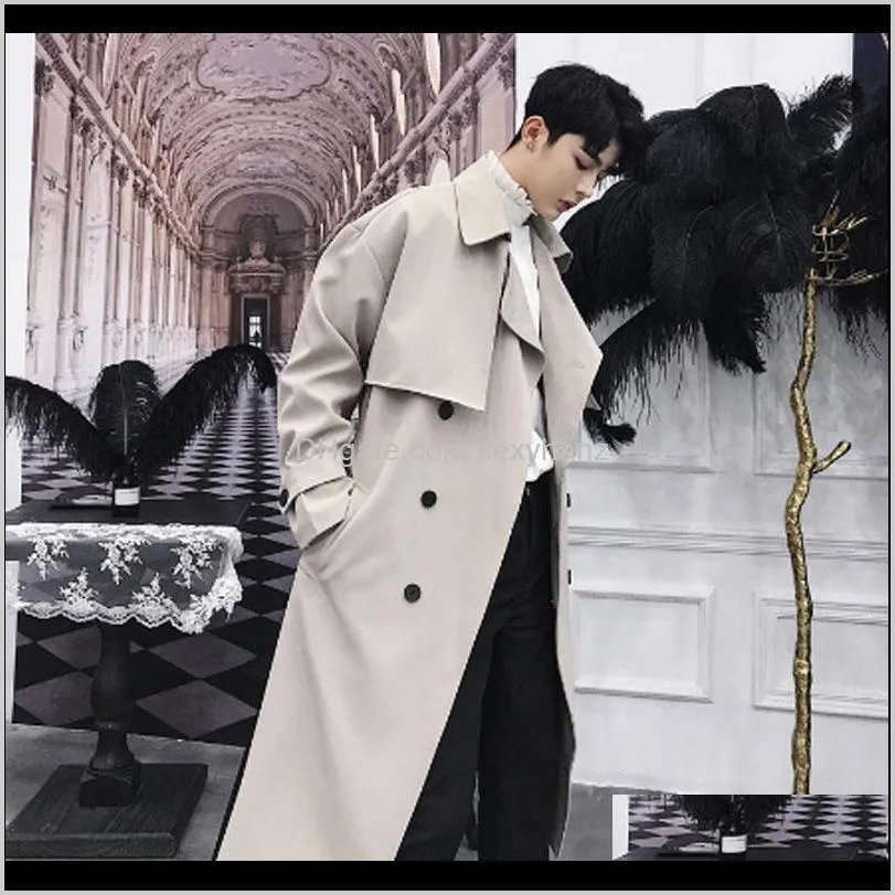 outono inverno dos homens do vintage da moda dupla breasted longo casaco de trincheira casaco estilo coreano men casual solto lo1