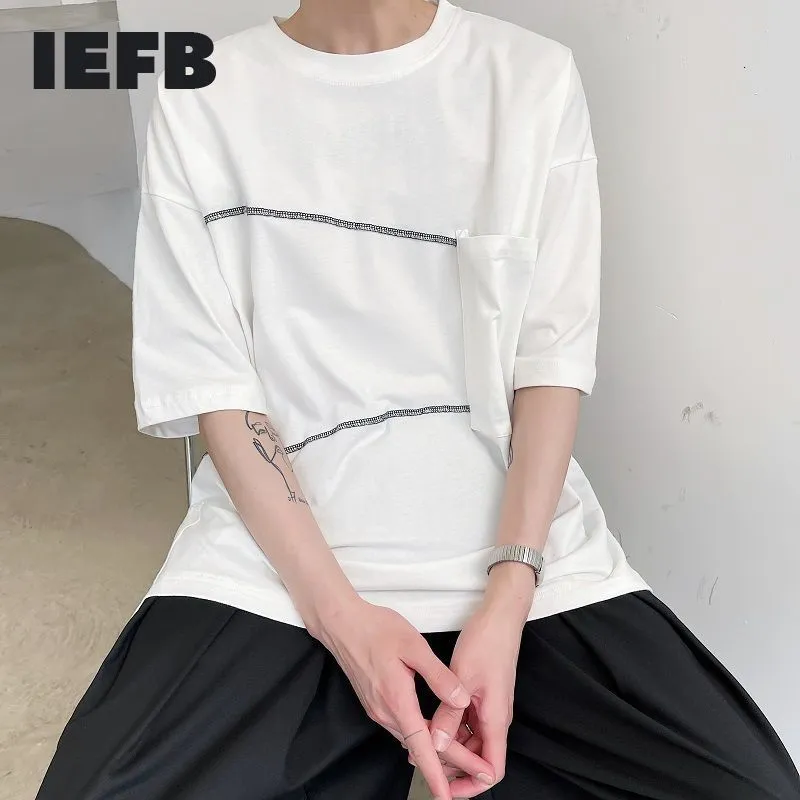 IEFB Niche Couleur Contraste Ligne Patch Sac O-cou À Manches Courtes Hommes Noir Blanc T-shirts Lâche Causal Tee Tops 9Y6938 210524