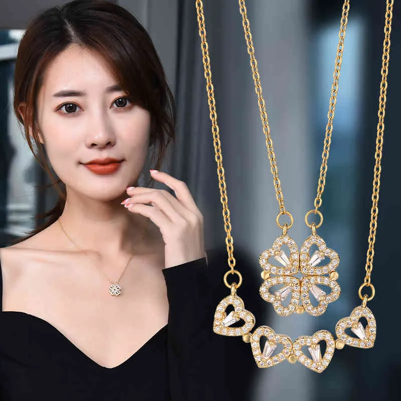 New Micro Inlaid Zircon Heart to Female Clover Necklace Fashion Love Folding Creative Clavicle Chain